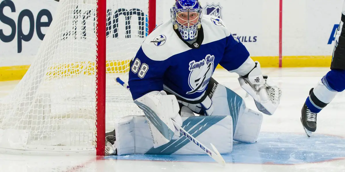 Tampa Bay Lightning goalie Andrei Vasilevskiy (88) skates with his