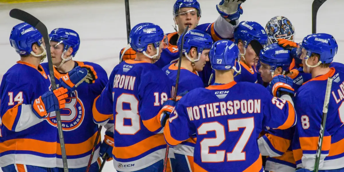 The Bridgeport Islanders celebrating after beating the Providence Bruins