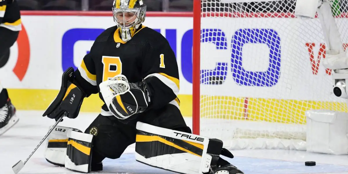 Jeremy Swayman in net for the Boston Bruins