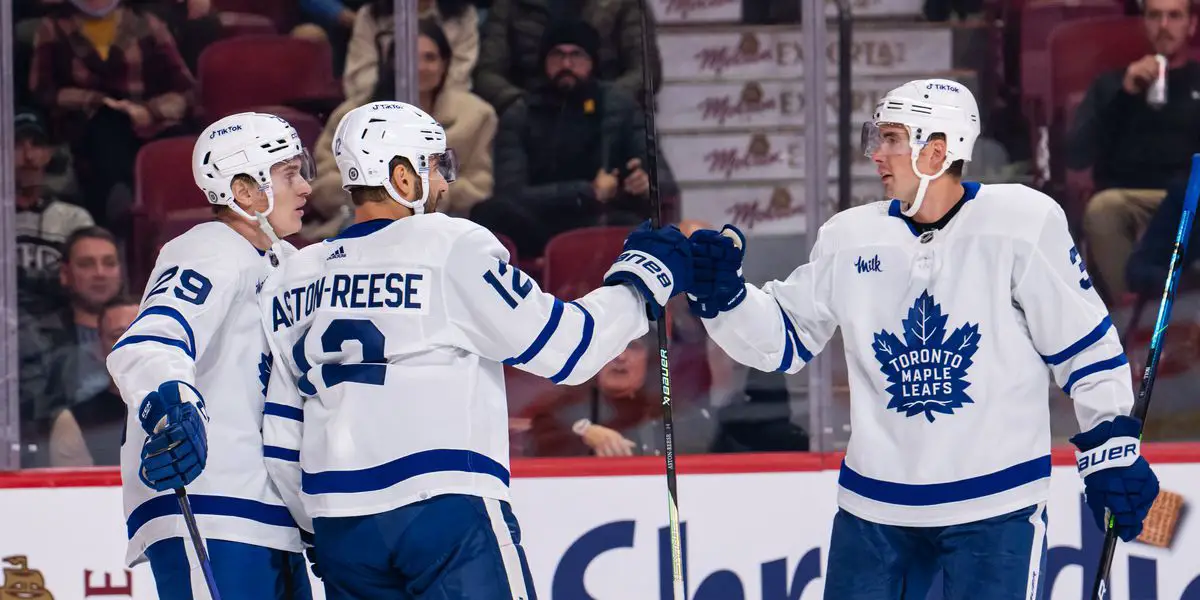 Leafs cheer with Aston-Reese after goal