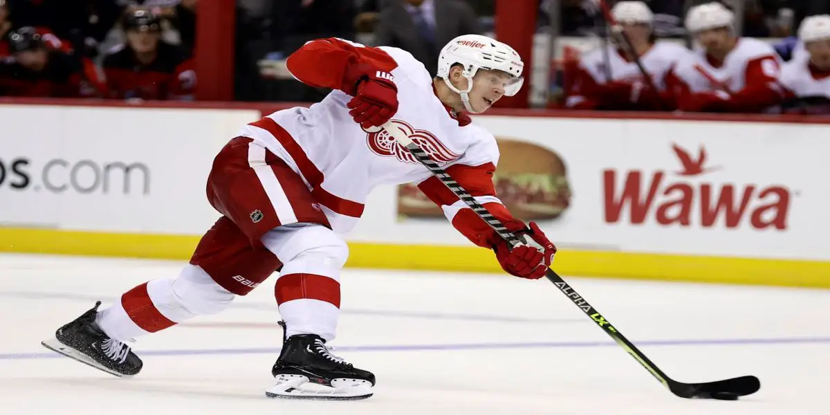 Moritz Seider Detroit Red Wings Autographed 16 x 20 Skating with Puck Photograph