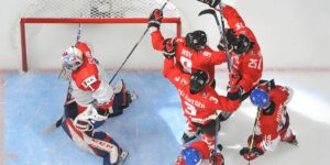 Team Canada Celebrates Goal vs Czechia in Opener