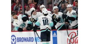 Seattle Kraken center Matty Beniers (10) is congratulated after scoring a goal during the first period of an NHL hockey game against the Florida Panthers, Sunday, Dec. 11, 2022, in Sunrise, Fla. Lynne Sladky - staff, AP