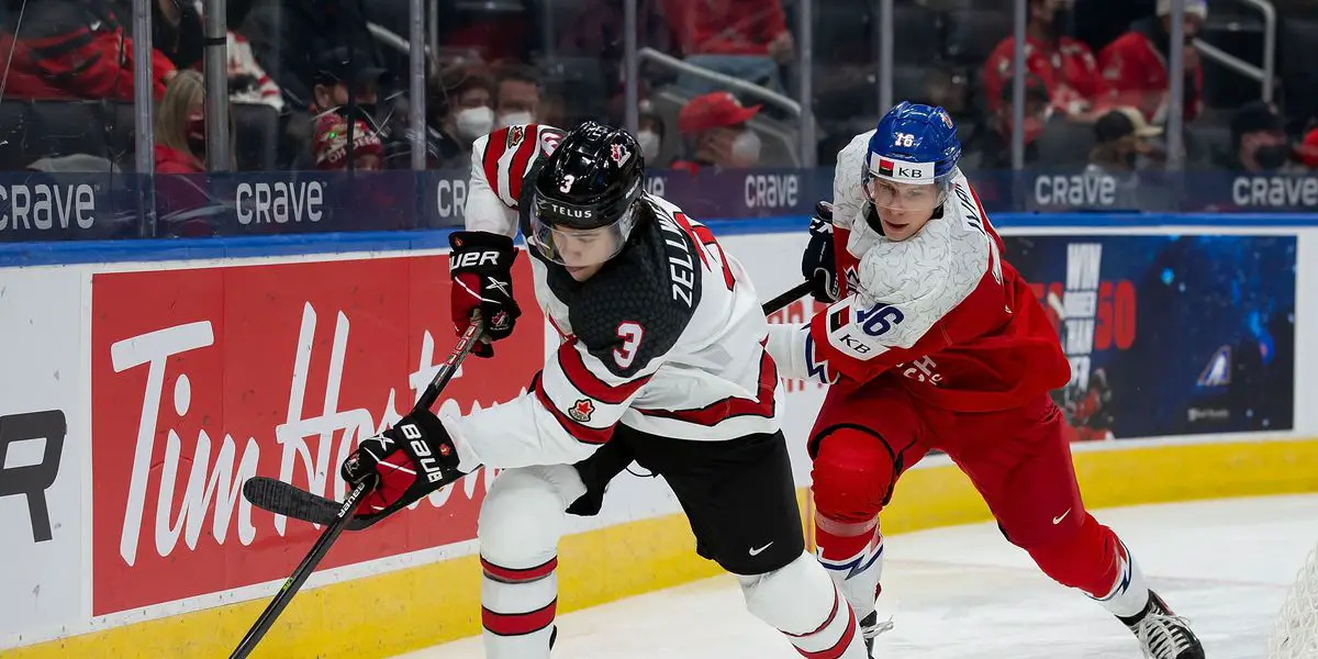 Team Canada Defenseman Olen Zellweger Skating Behind Goal Vs. Czechia