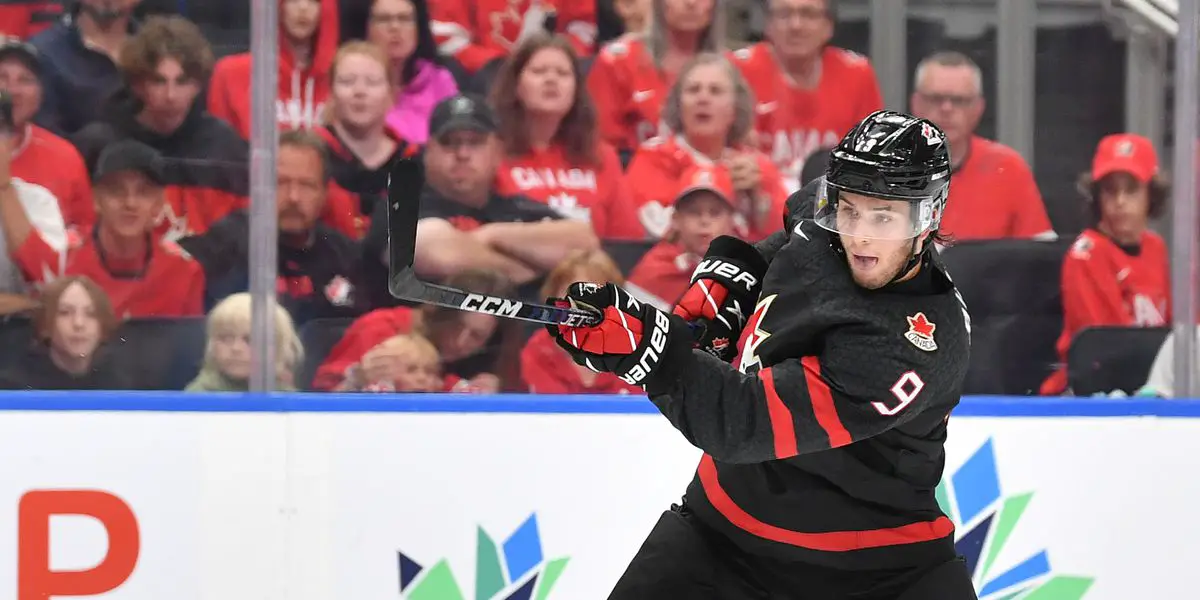 Team Canada forward Joshua Roy Shoots Puck in the Offensive-Zone