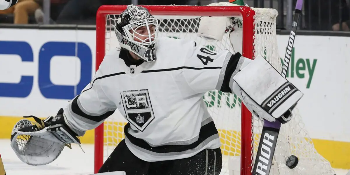 Cal Petersen blocking a puck from going into the net