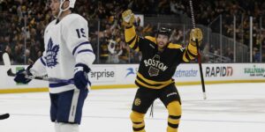 Bruins Defenseman Matt Grzelcyk Celebrates Late Game Winning Goal Vs. Leafs