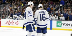 Maple Leafs Stars Mitch Marner and Auston Matthews Talking Prior to Face-Off