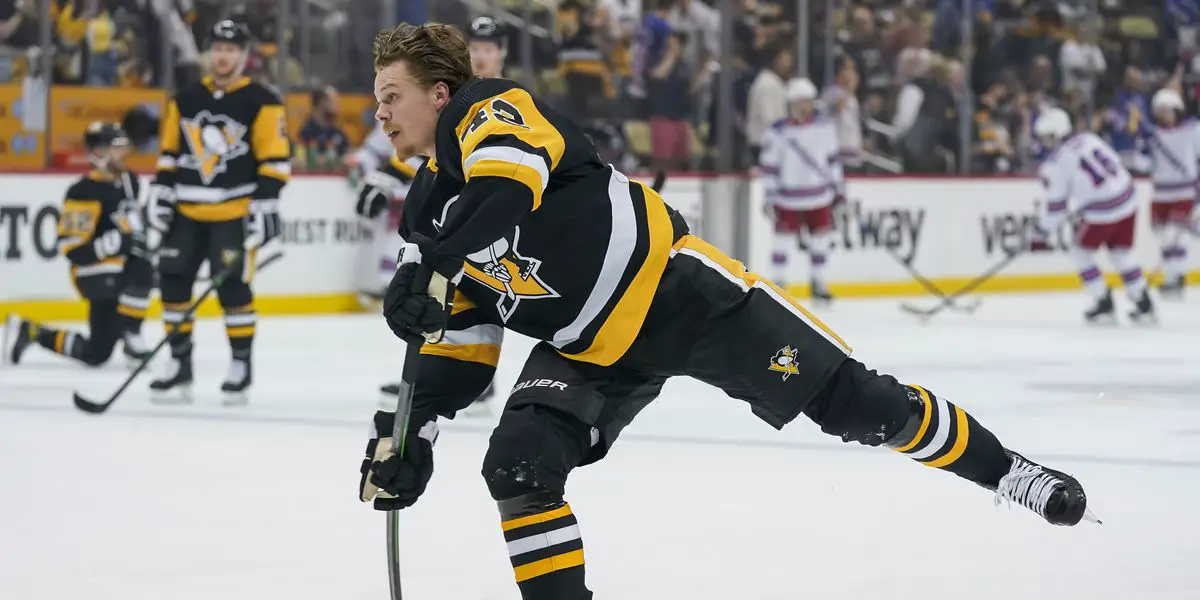 Pittsburgh Penguins Forward Kasperi Kapanen Takes Shot During Warm-Ups Vs. New York Rangers
