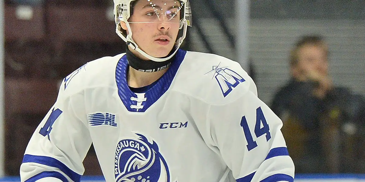 Mississauga Steelheads Forward James Hardie Skating in Transition Mid-Game