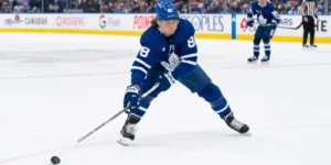 Maple Leafs Forward William Nylander Mid-Shot in Game at Scotiabank Arena