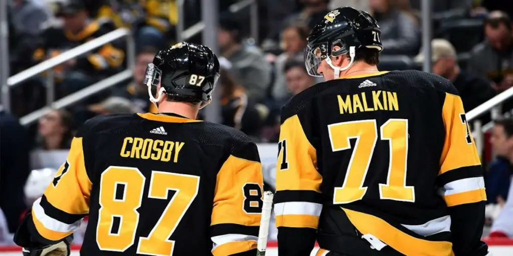 Evgeni Malkin #71 and Sidney Crosby #87 skating for the Pittsburgh Penguins