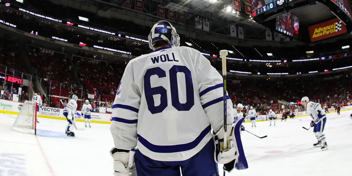 Leafs Goaltender Joseph Woll Standing in Warm-Ups Prior to Puck Drop
