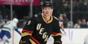 Jack Eichel skating in a Vegas Golden Knights third jersey