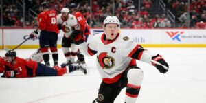 Brady Tkachuk #7 celebrating a goal for the Ottawa Senators