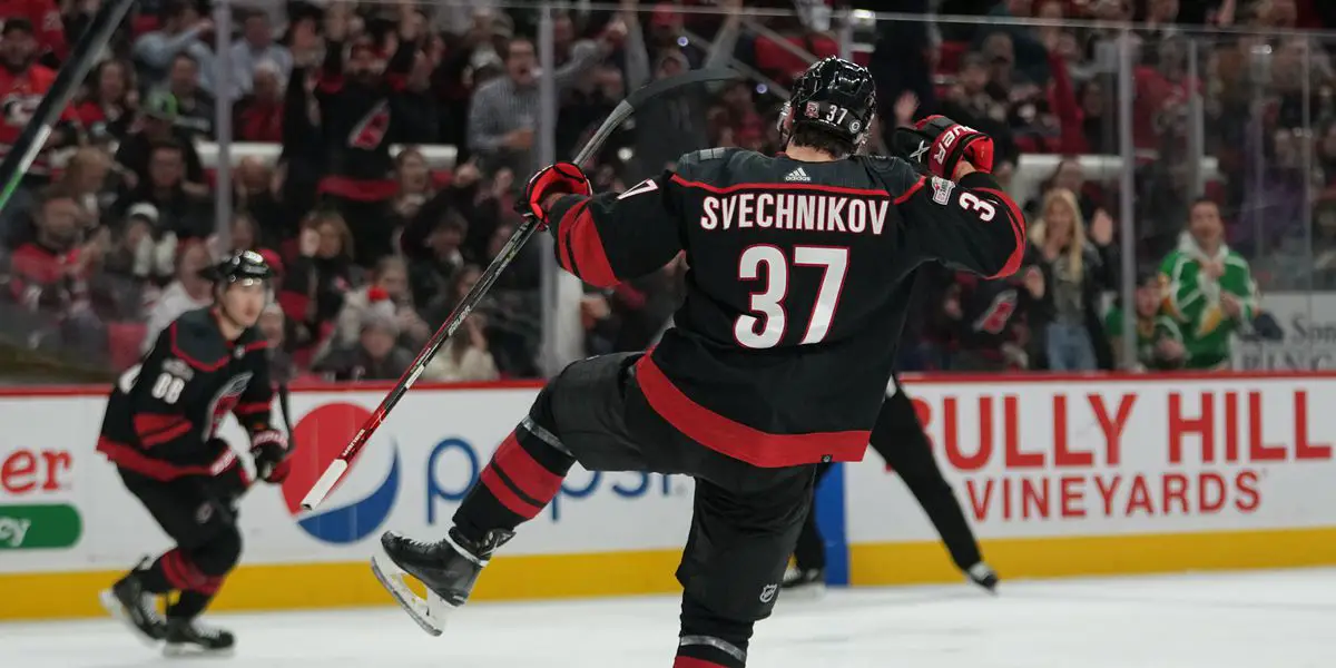 Andrei Svechnikov celebrating a goal for the Carolina Hurricanes