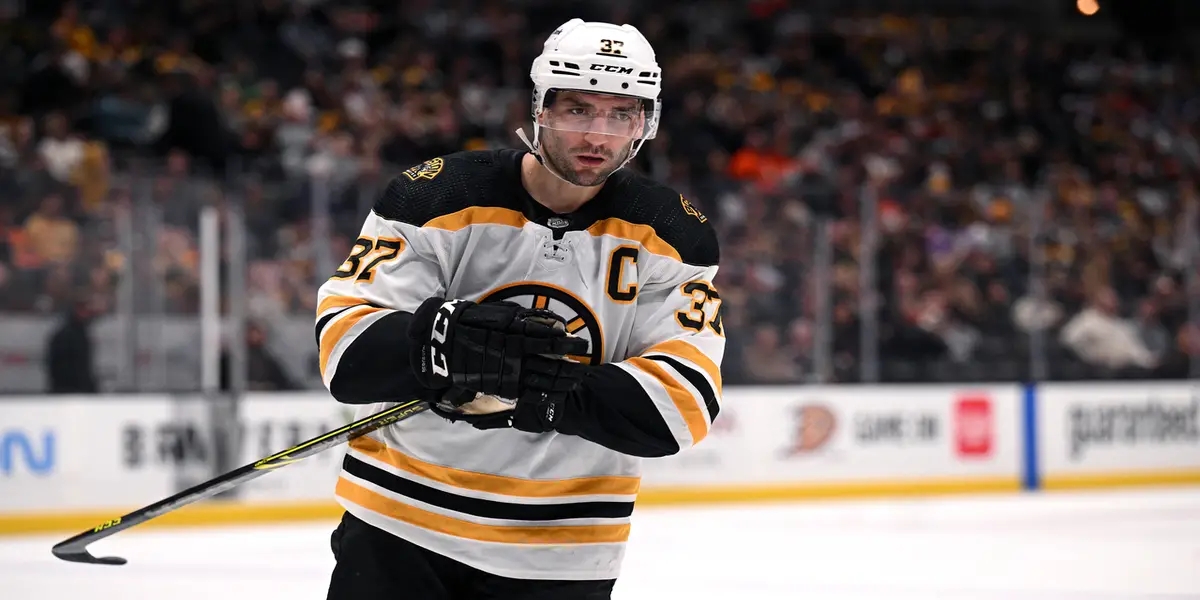 Patrice Bergeron skating for the Boston Bruins