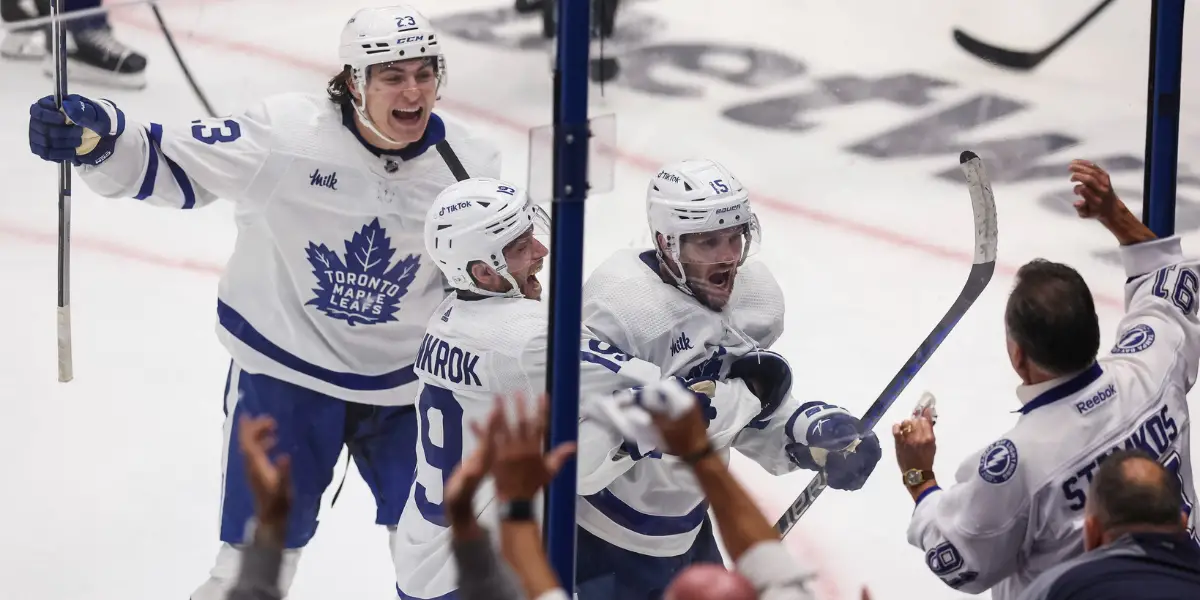 Leafs celebrate after a game 5 OT win