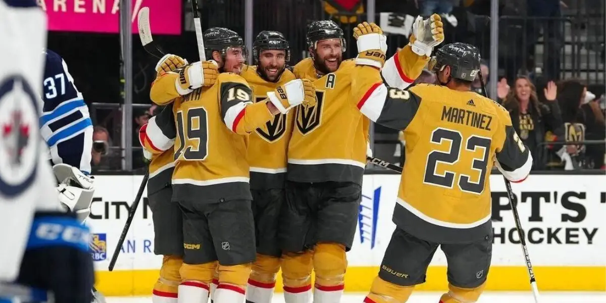 Apr 27, 2023; Las Vegas, Nevada, USA; Vegas Golden Knights right wing Reilly Smith (19), right wing Michael Amadio (22), defenseman Alex Pietrangelo (7), and defenseman Alec Martinez (23) celebrate a goal scored by center William Karlsson (71) during the second period against the Winnipeg Jets in game five of the first round of the 2023 Stanley Cup Playoffs at T-Mobile Arena. Mandatory Credit: Stephen R. Sylvanie-USA TODAY Sports