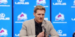 Gabriel Landeskog at a press conference with the Avalanche