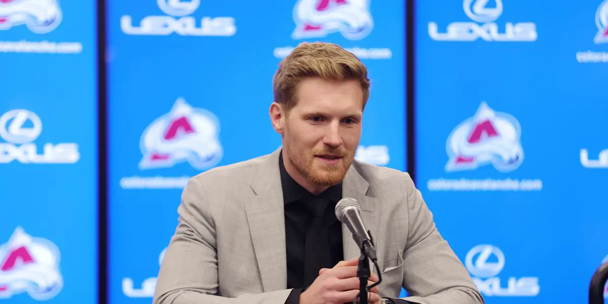 Gabriel Landeskog at a press conference with the Avalanche