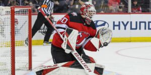 Akira Schmid in net for the New Jersey Devils in the 2023 Stanley Cup Playoffs. Vincent Carchietta-USA TODAY Sports