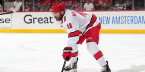 Jordan Martinook skating for the Hurricanes in the 2023 Stanley Cup Playoffs