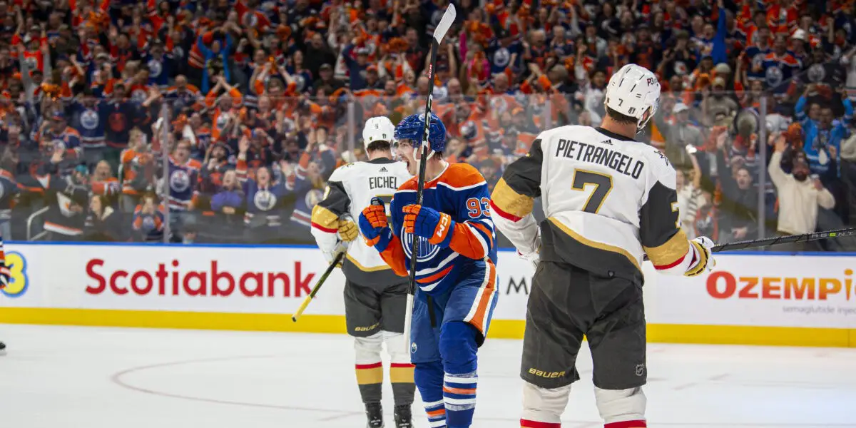 Alex Pietrangelo and Ryan Nugent-Hopkins in the 2023 Stanley Cup Playoffs second round