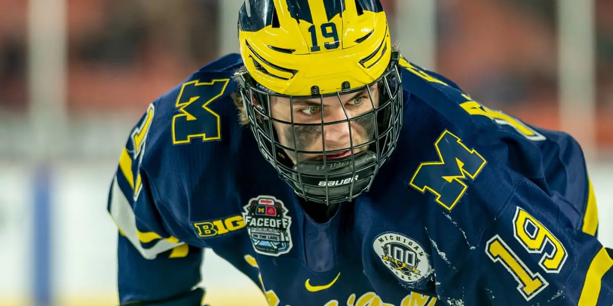 Adam Fantilli skating for the Michigan Wolverines