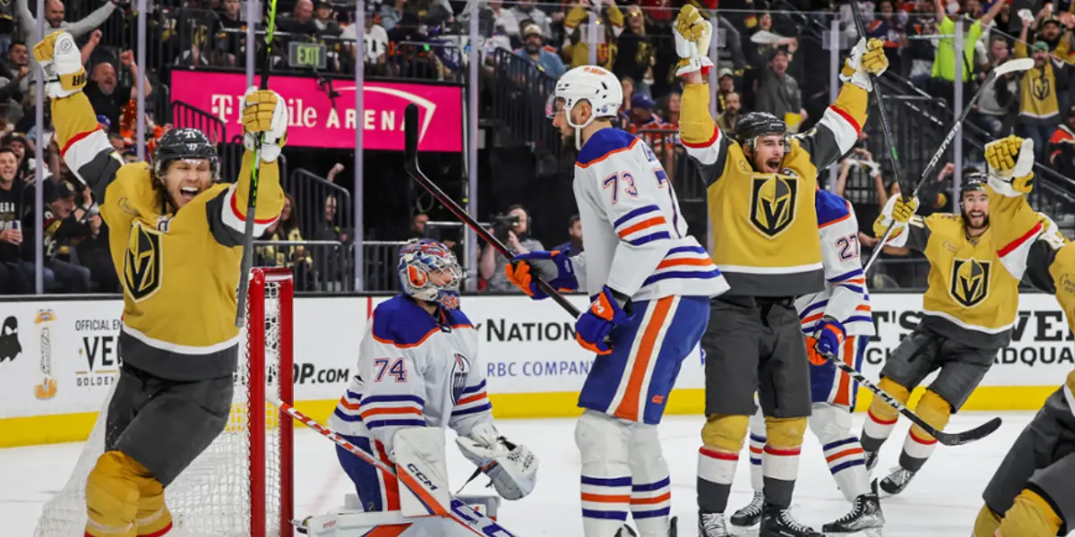 The Vegas Golden Knights celebrating their Game 5 win against the Edmonton Oilers