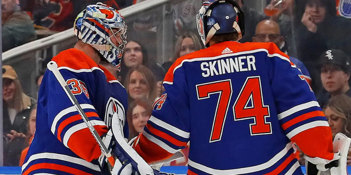 Jack Campbell and Stuart Skinner on the ice for the Edmonton Oilers