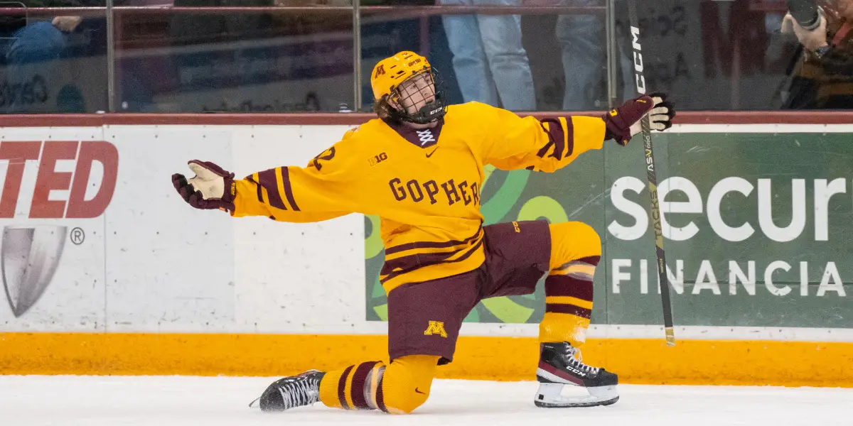 Logan Cooley skating for the University of Minnesota