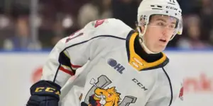 Evan Vierling skating for the Barrie Colts