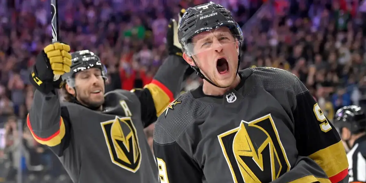 Jack Eichel celebrating a goal with the Vegas Golden Knights