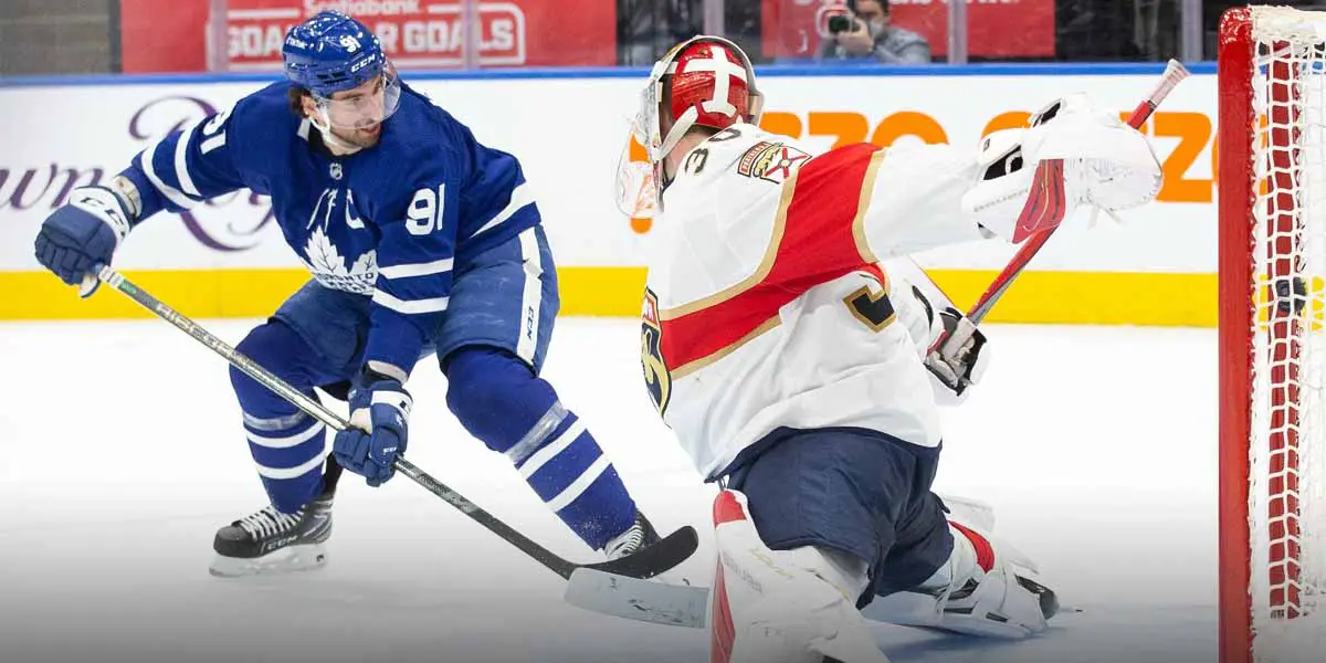 Leafs Forward John Tavares Directs Puck on Net Vs. Panthers