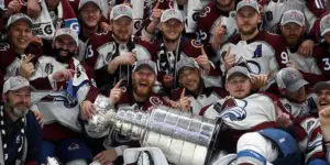 The Colorado Avalanche celebrating with the Stanley Cup