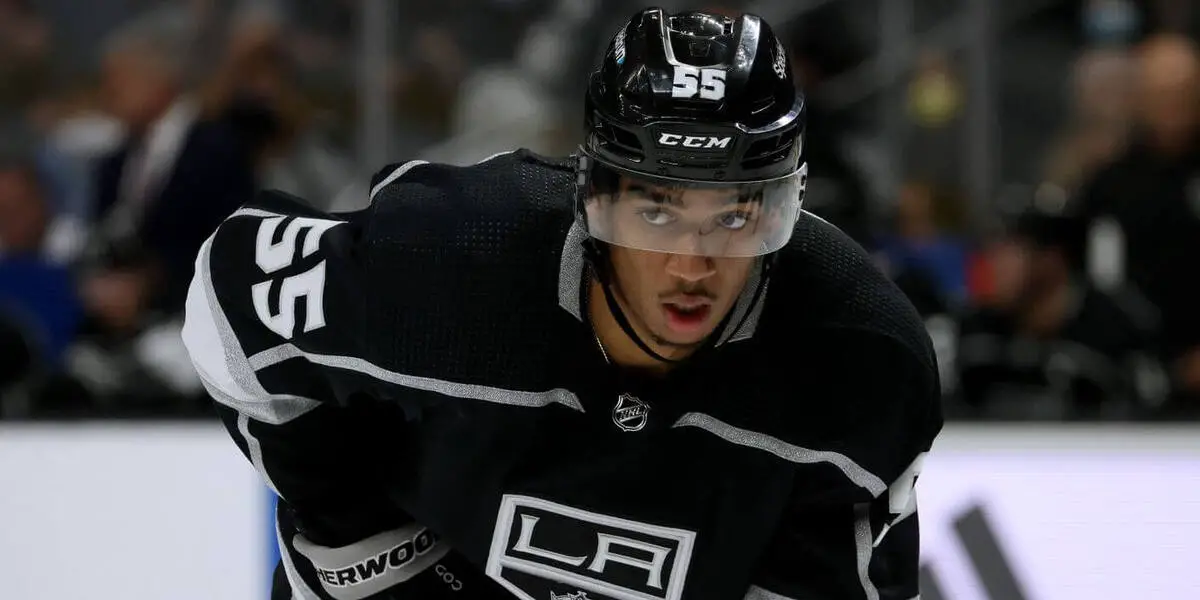 Quinton Byfield #55 lines up for a faceoff for the Los Angeles Kings