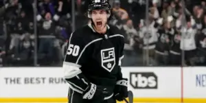 Sean Durzi skating for the Los Angeles Kings