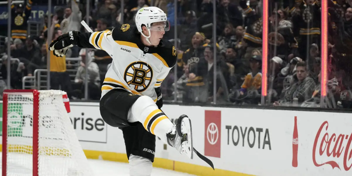 Boston Bruins center Trent Frederic celebrates his goal during the third period of an NHL hockey game against the Los Angeles Kings Thursday, Jan. 5, 2023, in Los Angeles. (AP Photo/Mark J. Terrill)