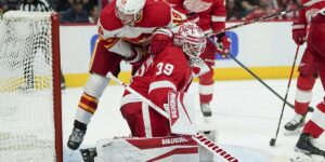 Alex Nedeljkovic Fights off Calgary Flames as Member of the Red Wings