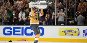 Reilly Smith hoisting the Stanley Cup after winning game 5 at T-Mobile Arena