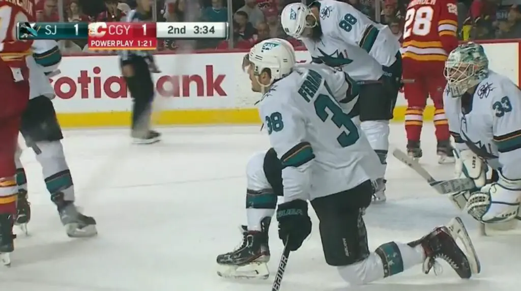 Mario Ferraro and Brent Burns exhausted on the penalty kill.