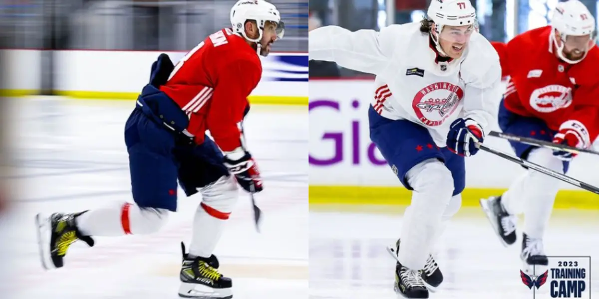 Two photos side-by-side. On the left, Ovechkin, and on the right, Oshie and Kuznetsov.
