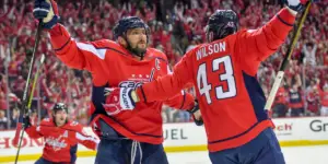 Alex Ovechkin and Tom Wilson celebrate a goal.