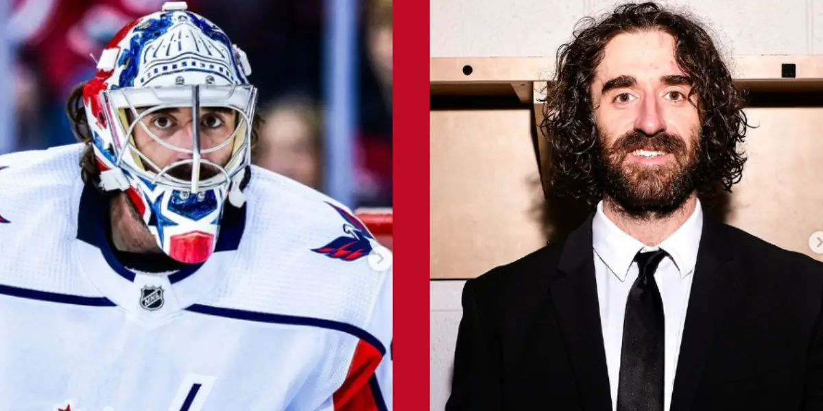 Left, Hunter Shepard in his goaltender mask. Right, Hunter Shepard smiling, wearing a black suit and tie.