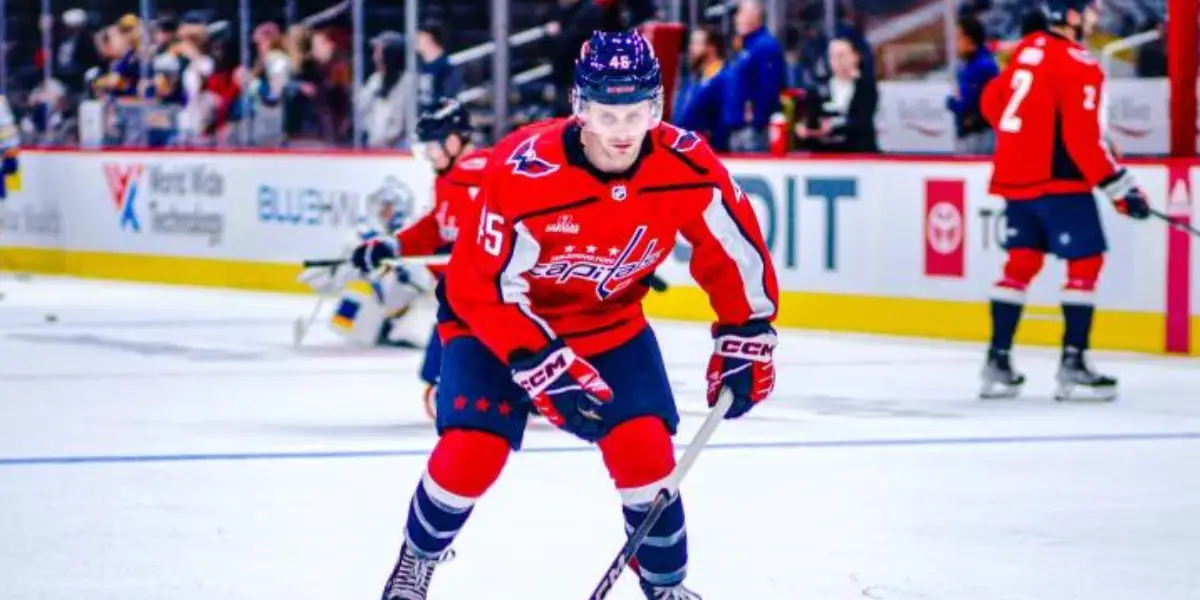 Matthew Phillips is photographed mid-skate. He is wearing a red Capitals uniform and number 45.