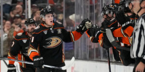 Leo Carlsson (91) Celebrates as he scores his first career NHL hat trick.