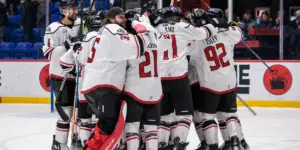 Adirondack Thunder celebrate a victory of the Trois-Rivieres Lions