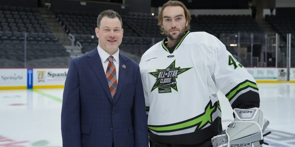 Greenville Swamp Rabbits Head Coach Andrew Lord and Goaltender Ryan Bednard Pose for a photo prior to the 2024 ECHL All-Star Game