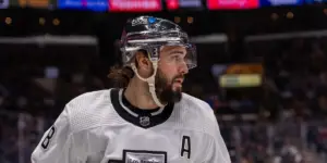 Drew Doughty skating for the Los Angeles Kings with chrome helmets